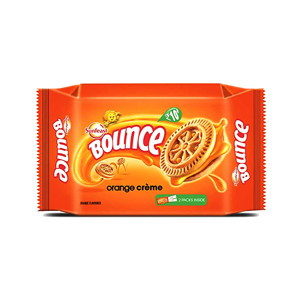 Sunfeast Bounce Biscuits - Orange Creme Cookies(സൺഫീസ്റ്റ് ബൗൺസ് ബിസ്‌ക്കറ്റ് - ഓറഞ്ച് ക്രീം കുക്കിസ്) - 58g